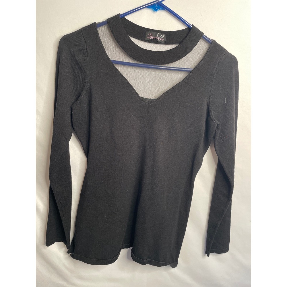 Questions Black Long Sleeve Mesh Illusion V-Neck Cutout Knit Top Sweater